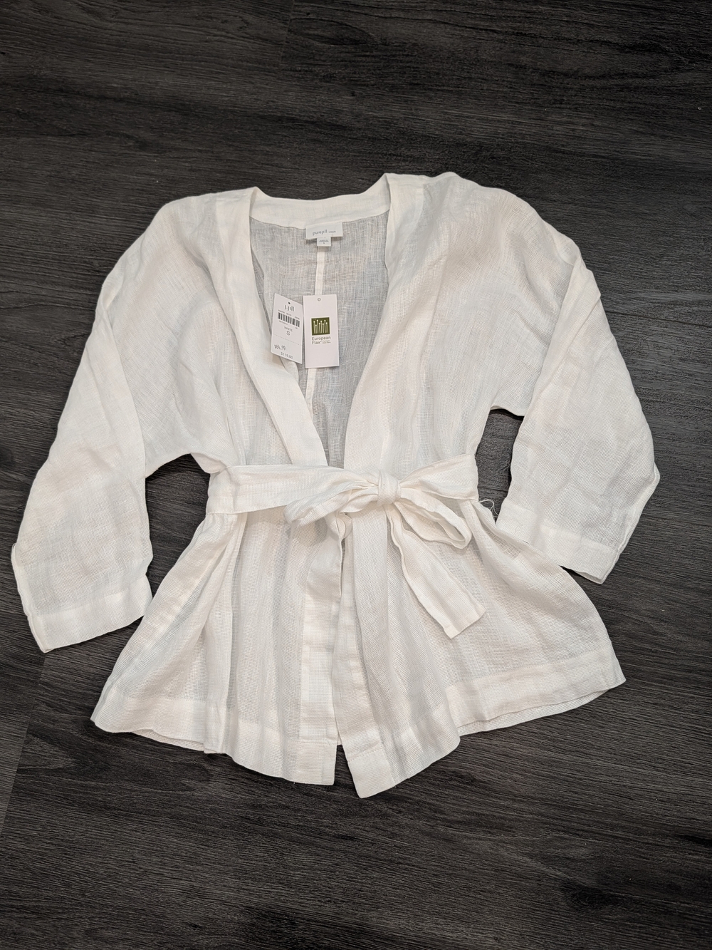 J. Jill PureJill White European flax Linen Tie Front Wrap Blouse 3/4 Sleeve Sz S